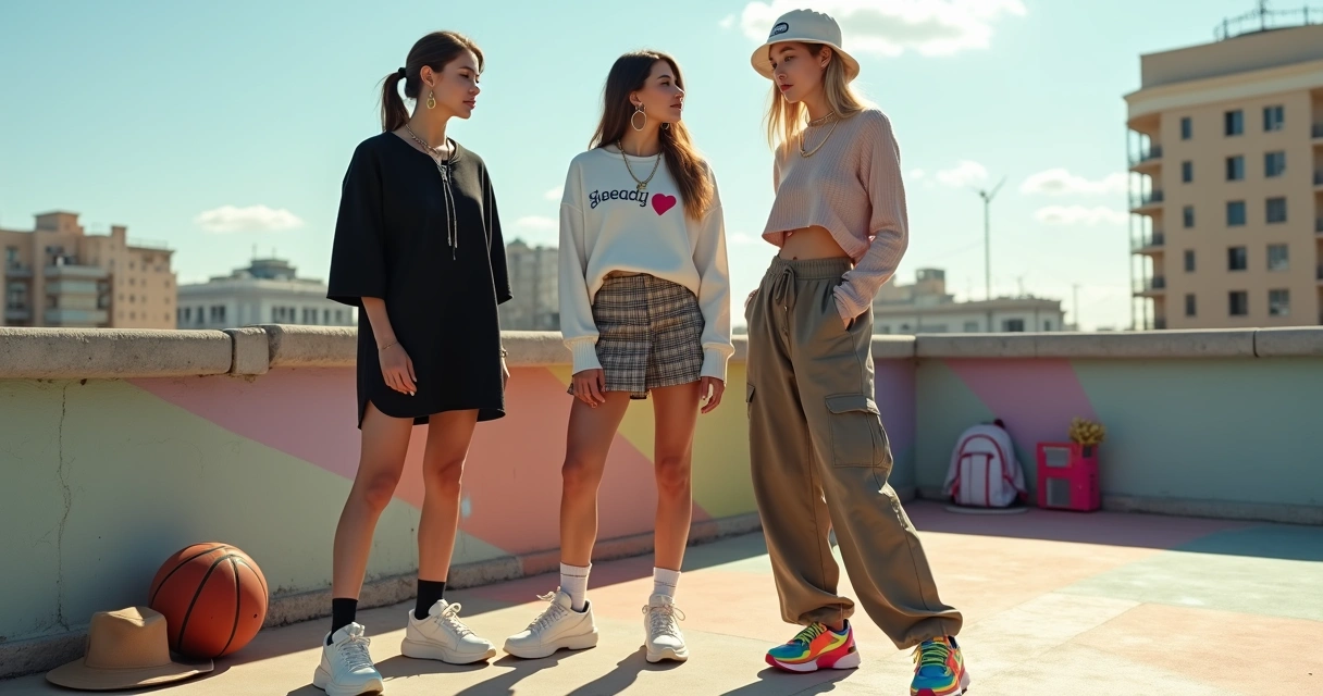 Mulheres com vestidos, saias e cropped streetwear em laje urbana colorida 