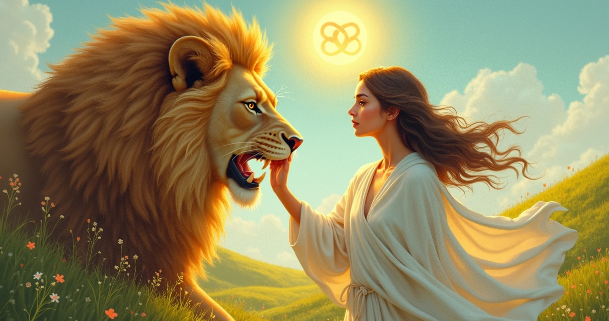 Tarot card illustration of a woman gently holding a lion's jaw 