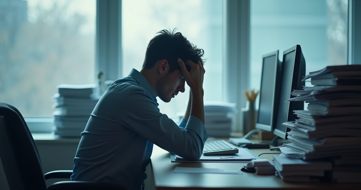 Employee alone at desk with paperwork and fading focus 