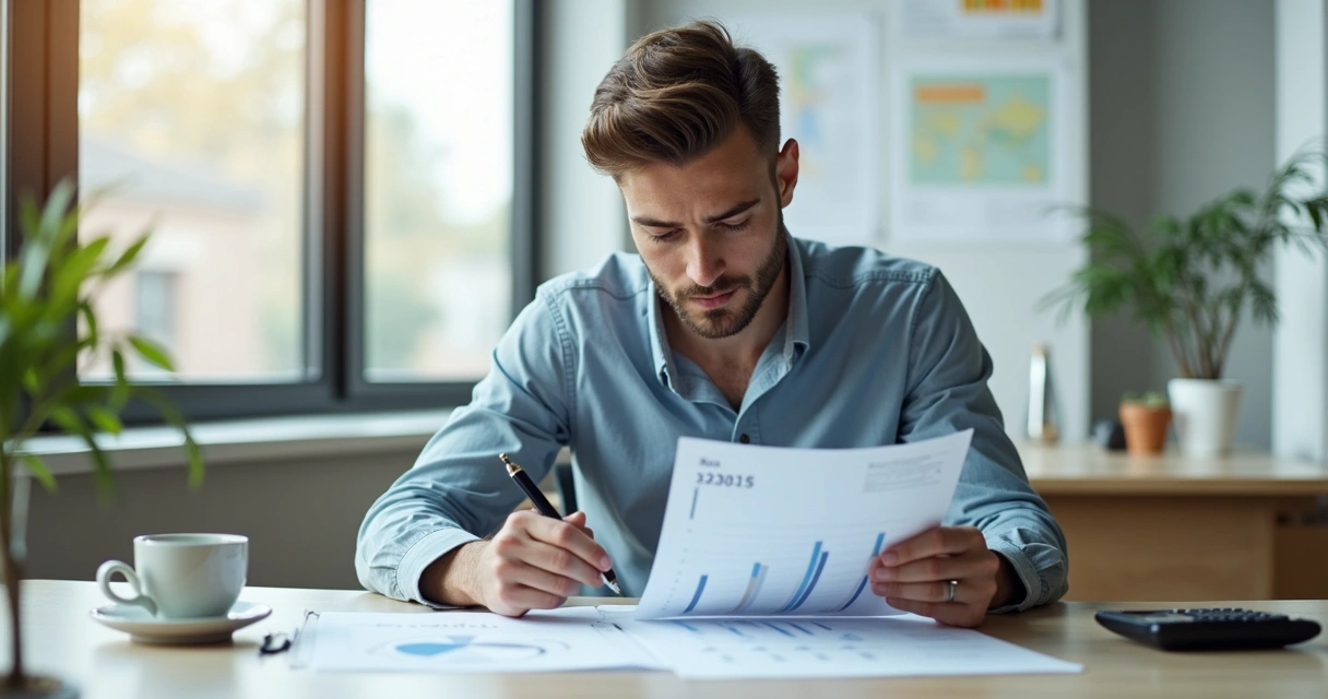 Homem pensativo olhando orçamento em papel na mesa de escritório 