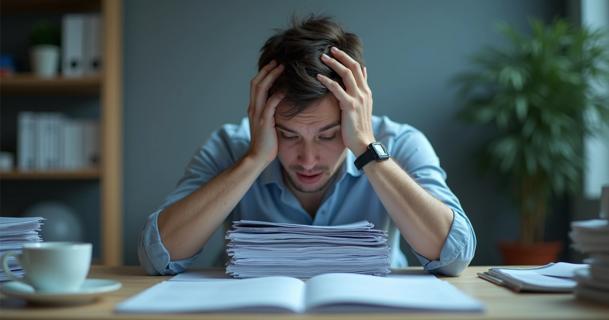 Person looking stressed at work with papers on the desk 