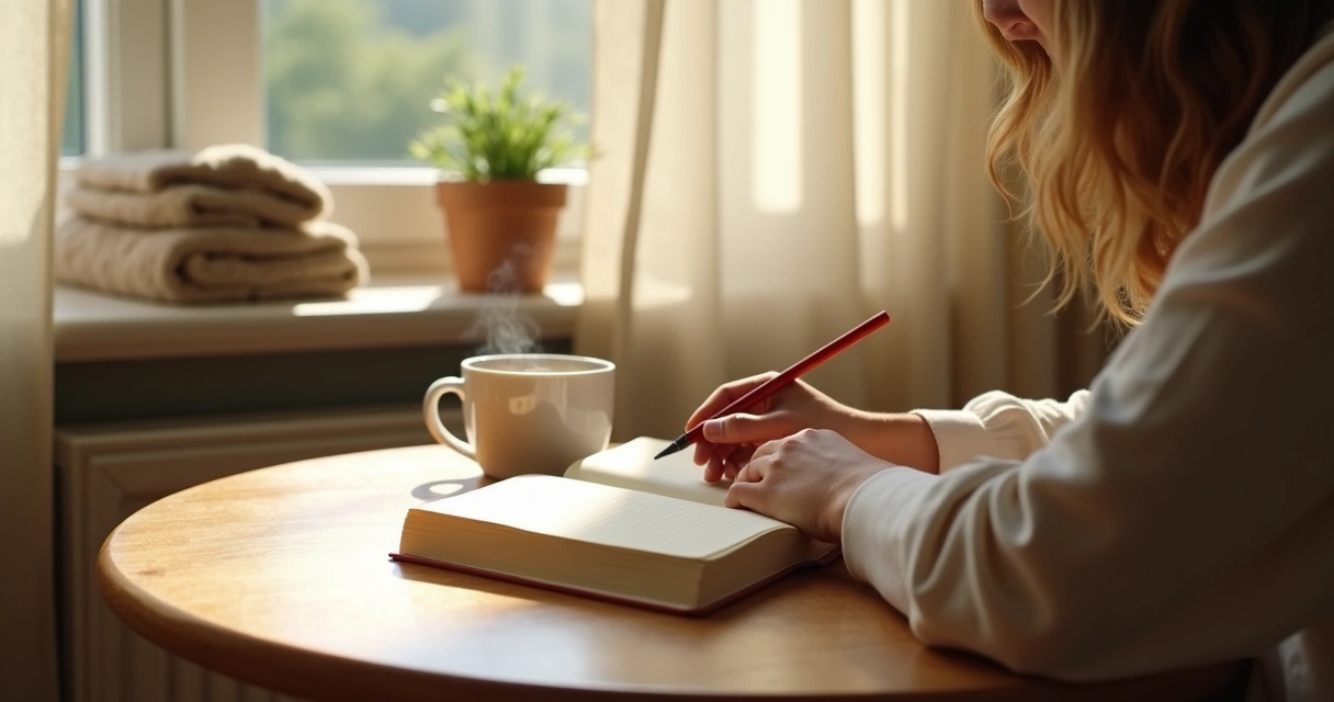 Person writing in a journal and drinking tea at a cozy table with sunlight 