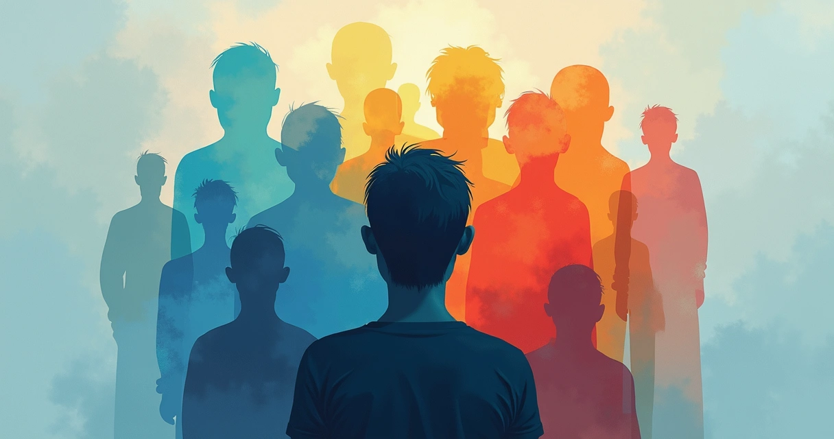 Drawing of a person surrounded by overlapping shapes representing different inner parts. 