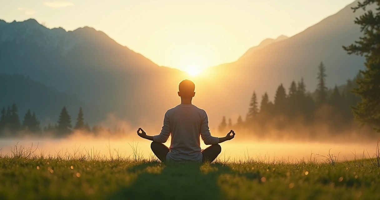A person meditating in a calm natural setting at sunrise, mountains in the background