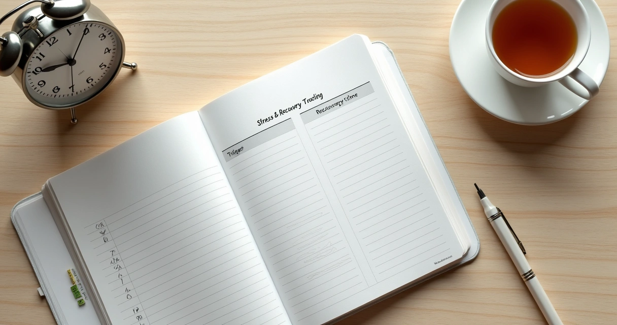 Notebook with stress and recovery notes beside a cup of tea and a clock