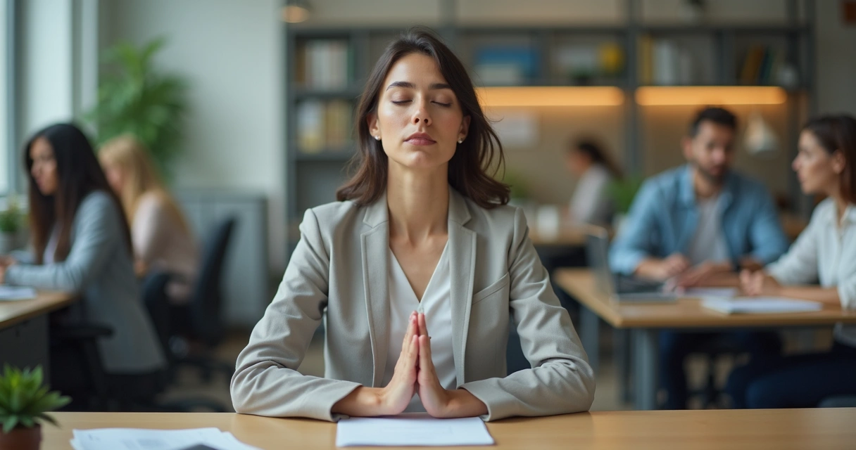 Person practicing mindful breathing in an office while coworkers work quietly nearby 