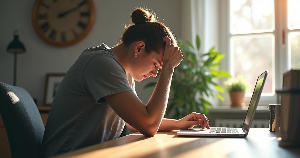 Person sitting at a desk with hunched shoulders and tense posture 