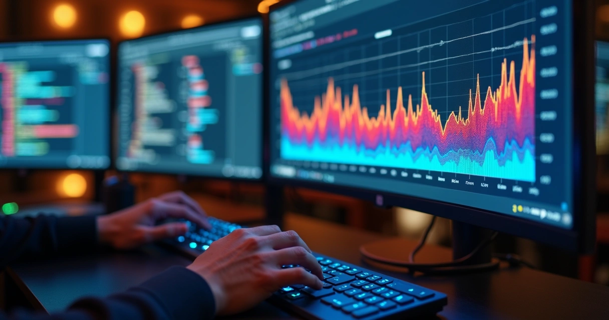 Monitor de computador mostra gráficos elevados durante teste de carga 