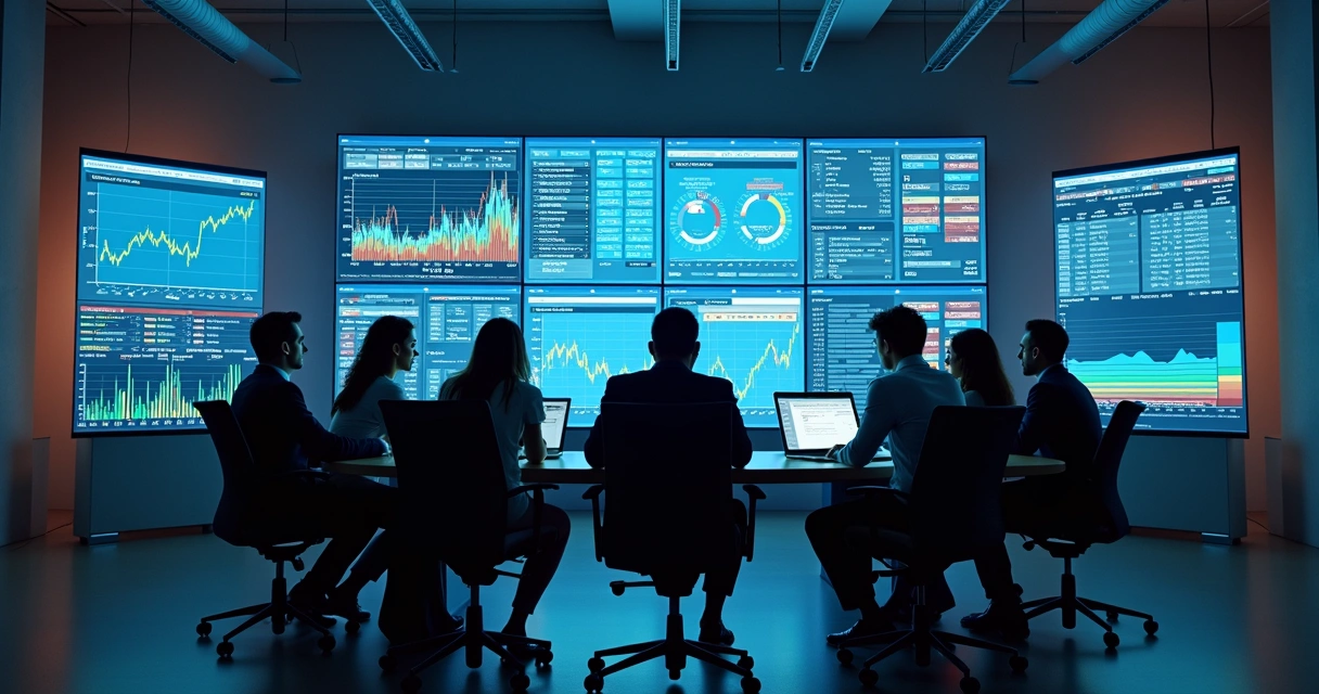 Risk management team collaborating on stress test results in a meeting room with digital charts on display. 