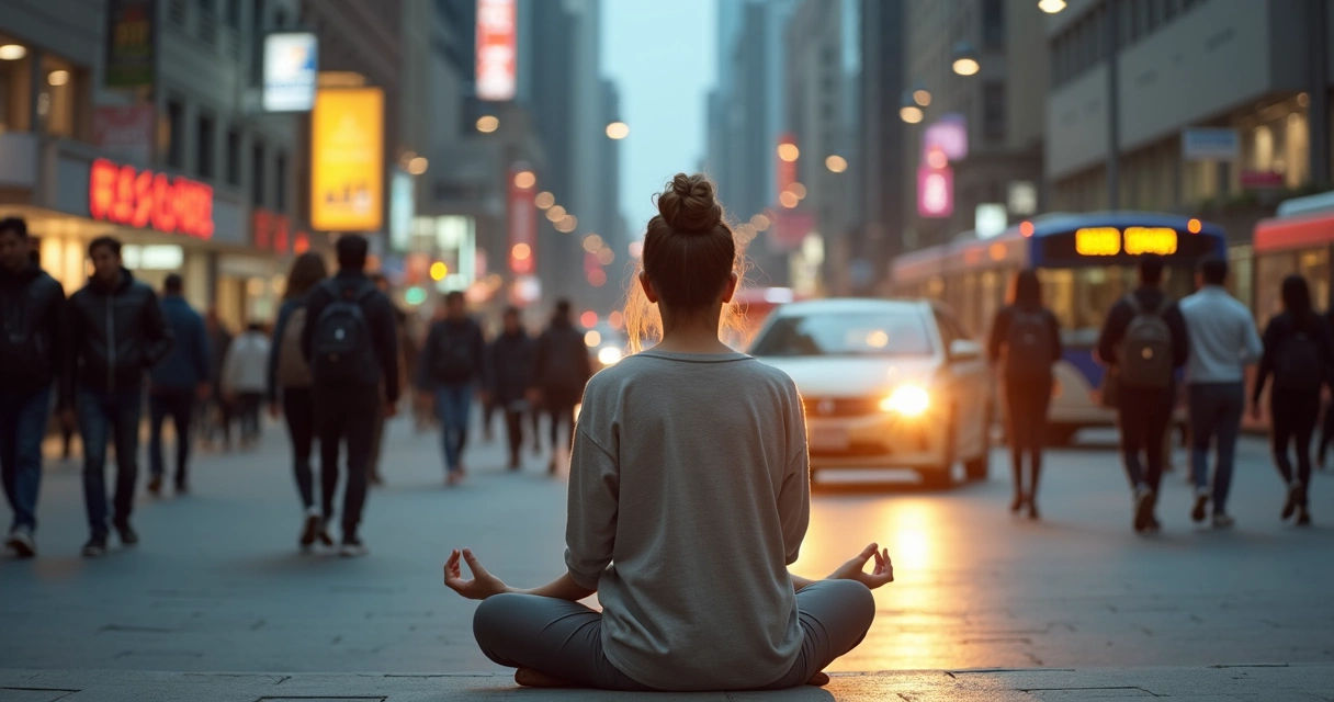 Person pausing in meditation amid a busy city street 