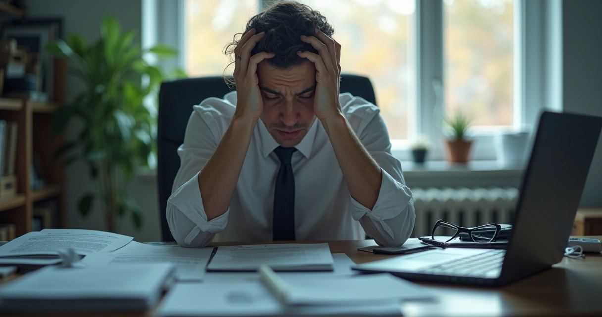 Profissional sentado à mesa de escritório com expressão de estresse 