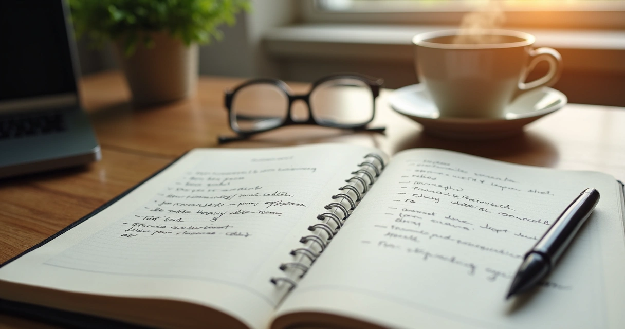 Open journal with handwritten notes and pen on desk, next to coffee 