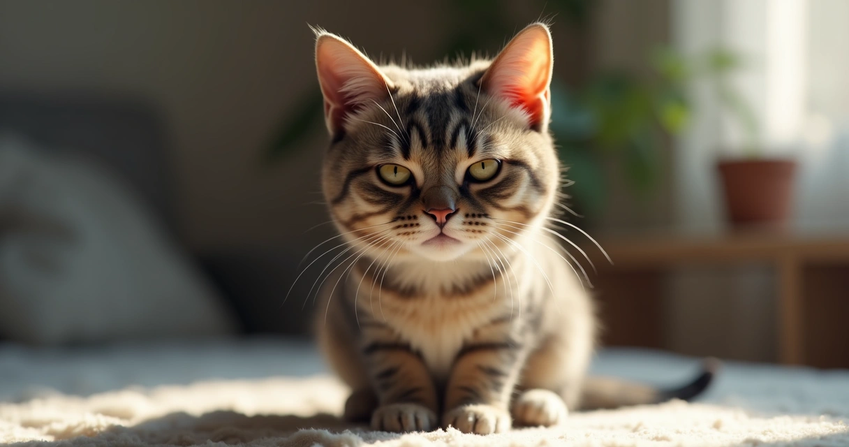 Close-up of a calm domestic cat showing subtle signs of stress indoors