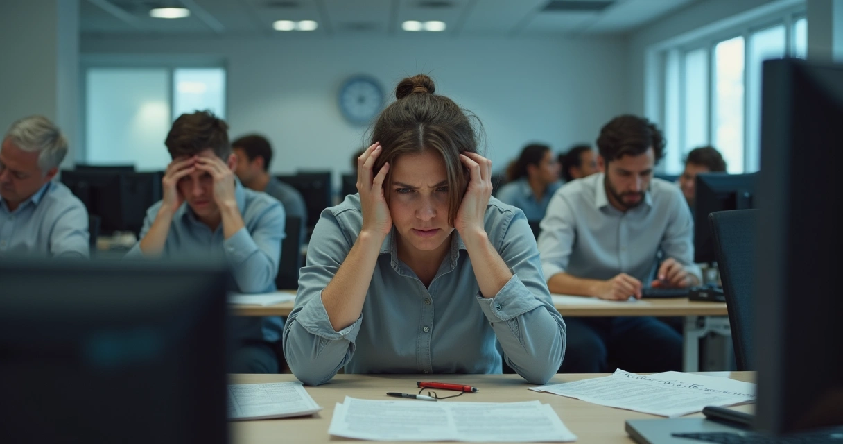 Stressed employees sitting in open-plan office with worried expressions 