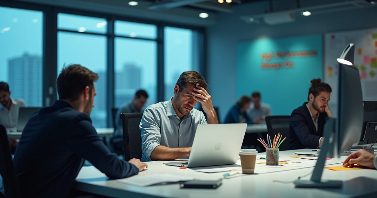 Stressed business leader at desk while tired team works in tense open office 