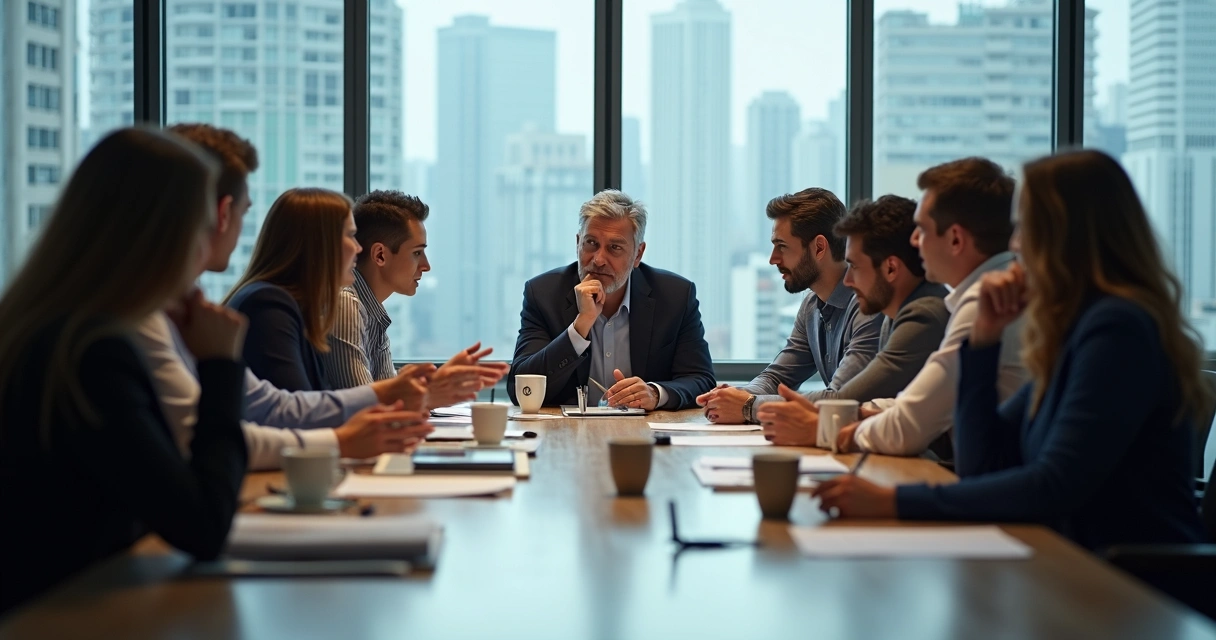 Manager showing stress during team meeting 