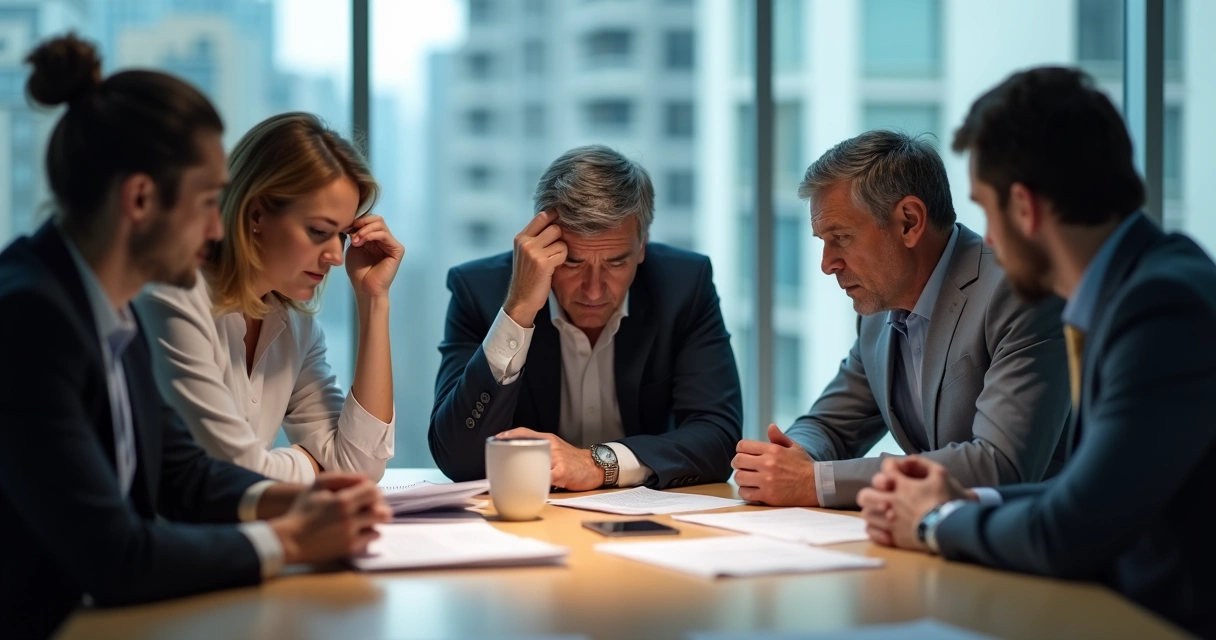 Team in office with stressed expressions and visible tension 