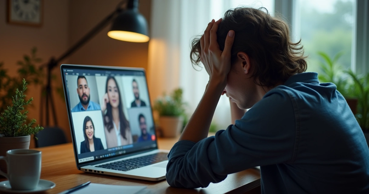 Remote worker at desk holding head in hands during a video call 