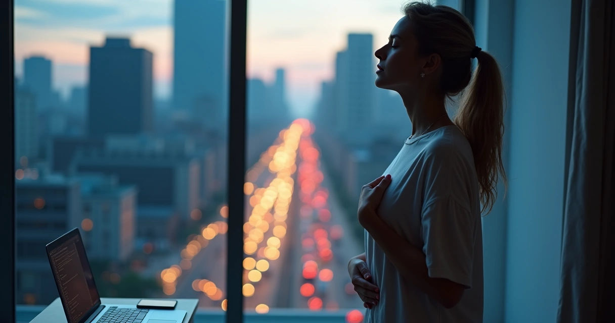 Woman practicing deep breathing by a window after a stressful day 
