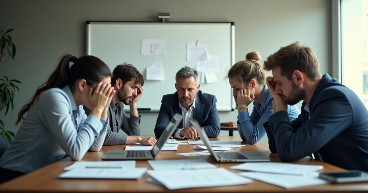 Mixed group of professionals in formal wear showing stress and exhaustion during a meeting
