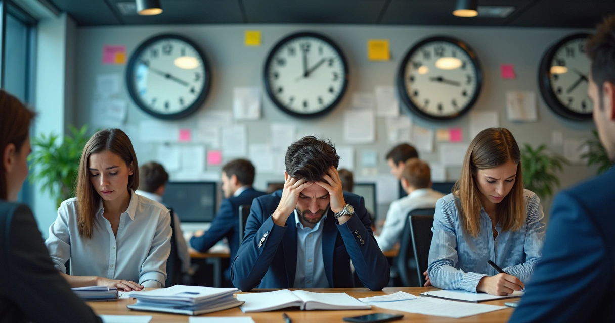 Stressful work environment with clocks on wall