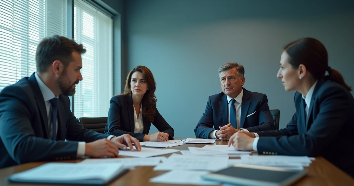People in a meeting, looking stressed and tense 