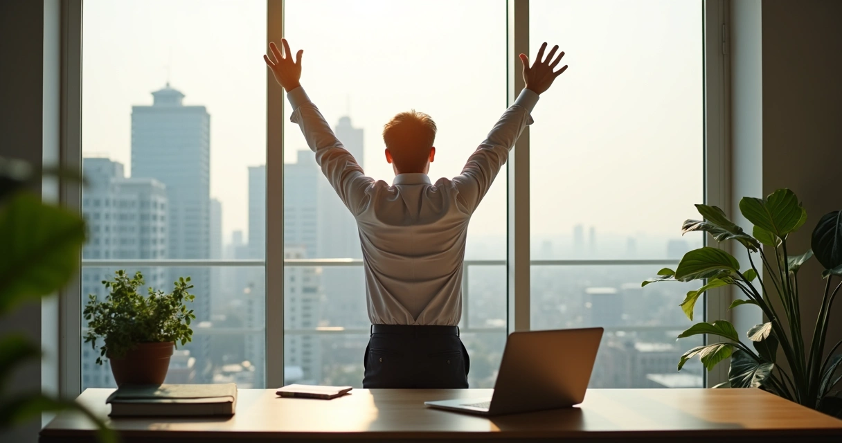 Business professional stretching near office window 