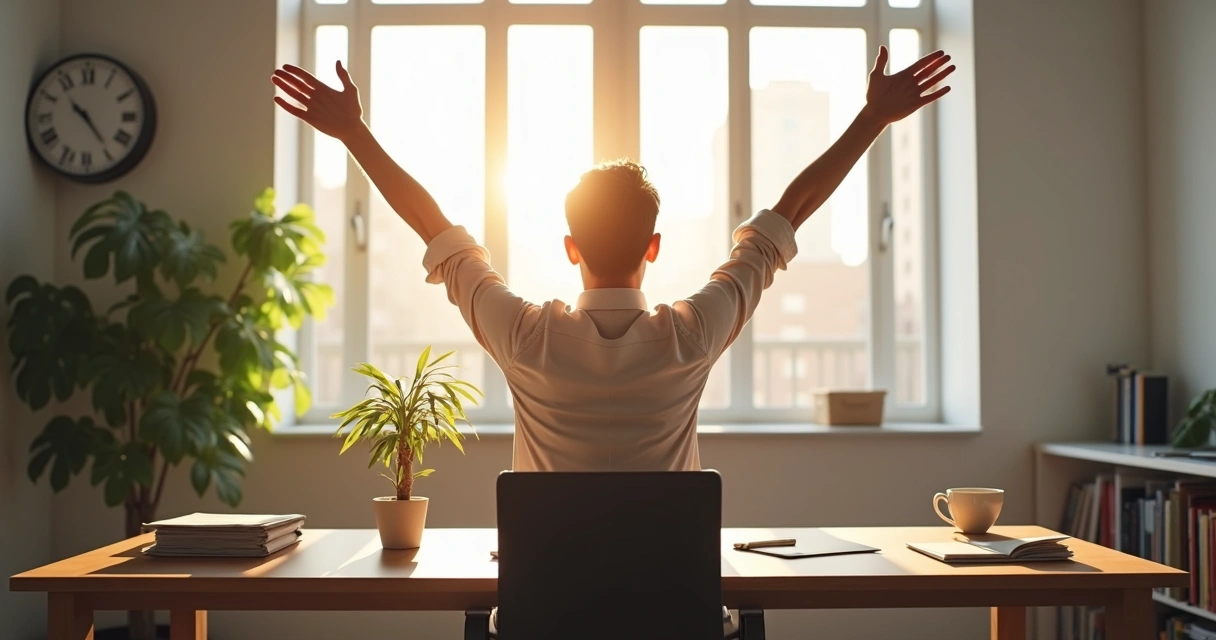 Person stretching at an office desk with natural light in the background