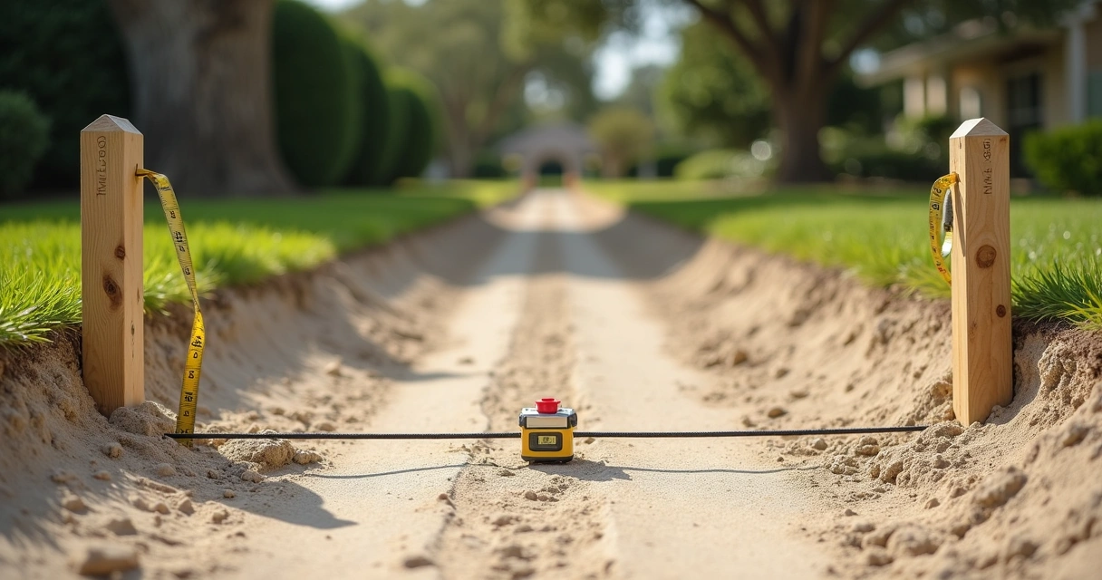 String line level stretched over walkway with elevation measurements 