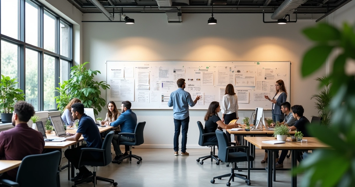 Open office with people collaborating, visible whiteboards and natural plants. 
