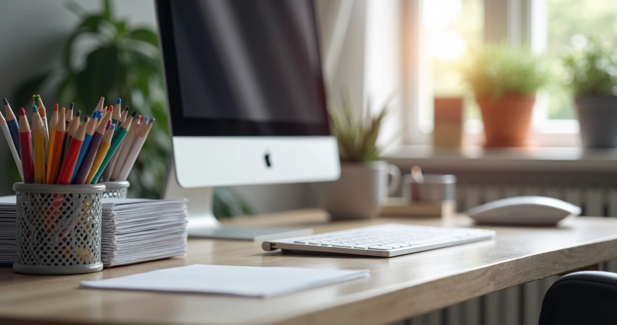 Neatly organized desk with color-coded items