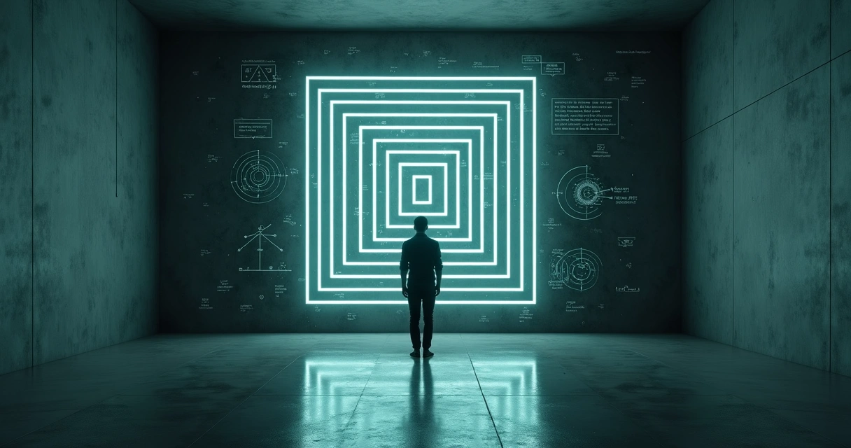 Person in front of a glowing geometric labyrinth symbolizing structured self-analysis 