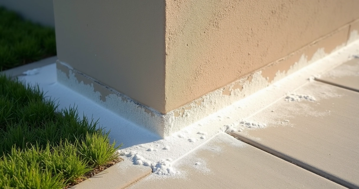 Efflorescence forming on stucco near a sidewalk
