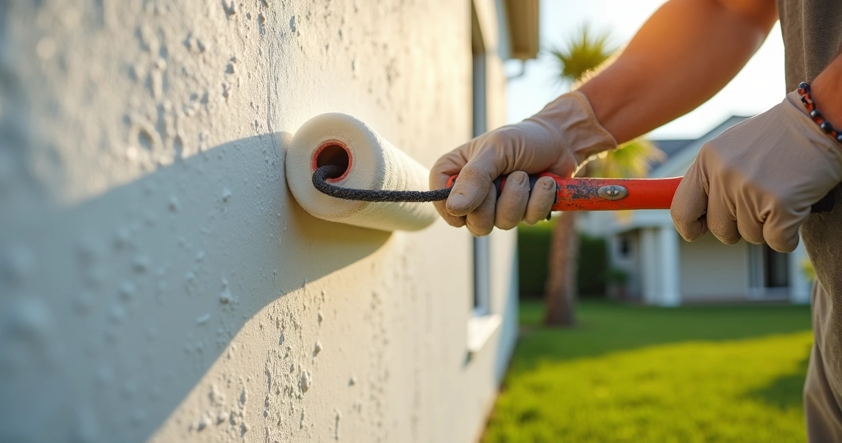 Technician applying thick white coating to a stucco exterior wall 