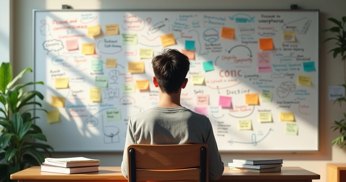 Student looking at a thought map on the wall, exploring concepts of consciousness 