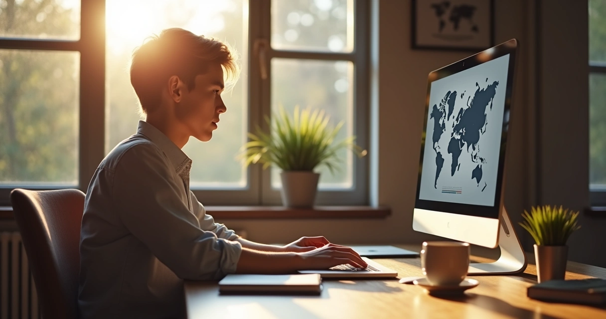 Young freelancer working on a laptop in a modern home office