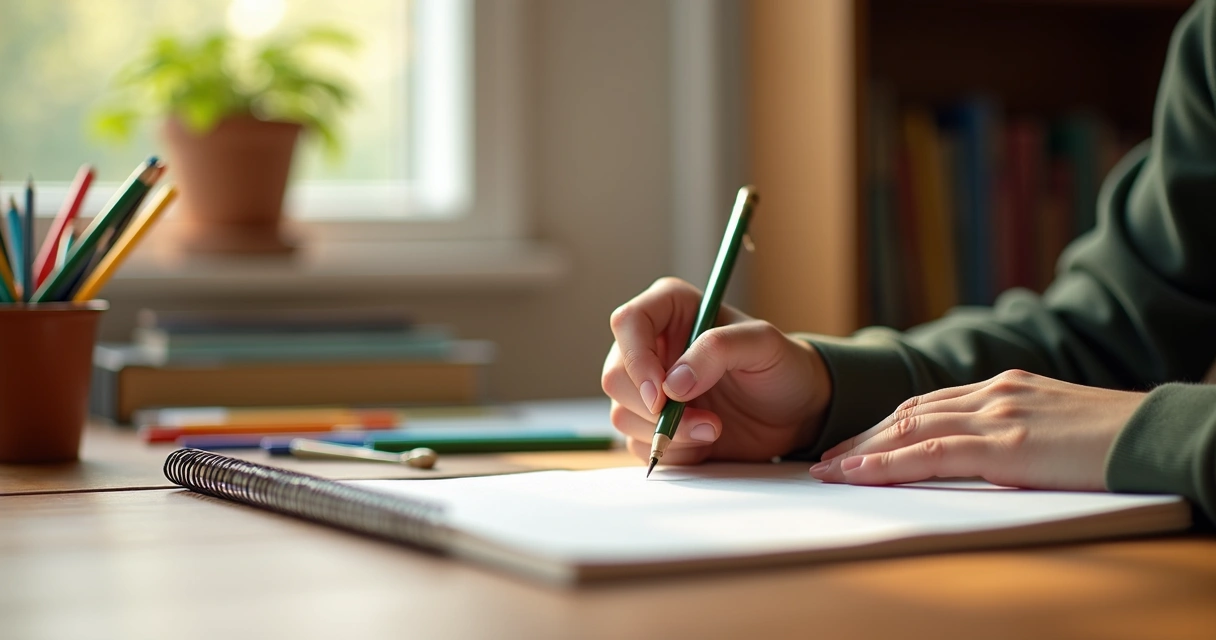 Student writing in a gratitude journal at desk with sunlight streaming through window 