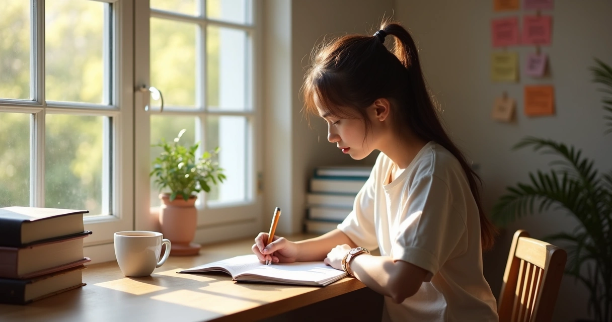 Student writing in a notebook with calm focus at a desk