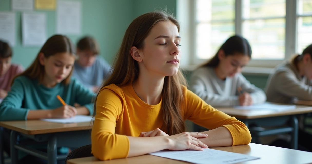 Student sitting calmly during a test, taking deep breaths 