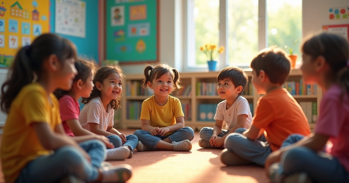 Students in a circle sharing feelings and working together in classroom 