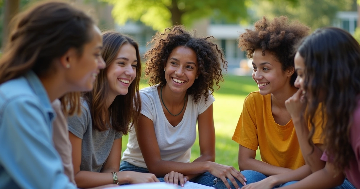 Group of students working together outdoors, expressing connection and emotional growth. 