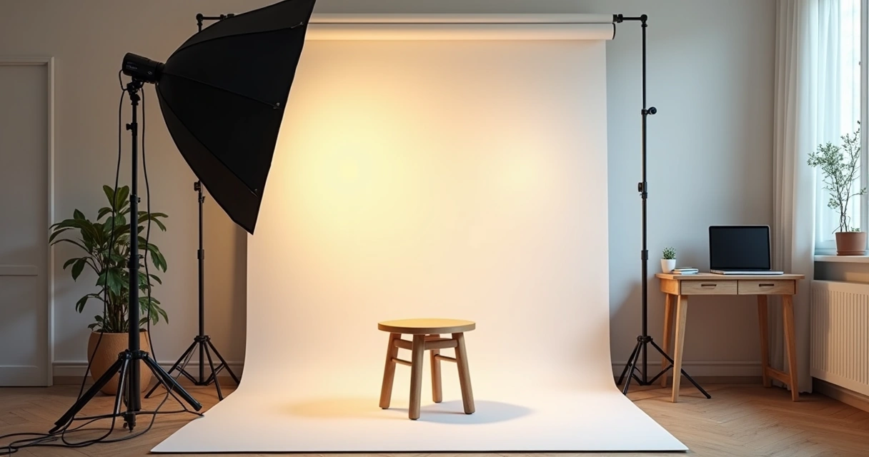 Estúdio fotográfico montado com equipamentos básicos 