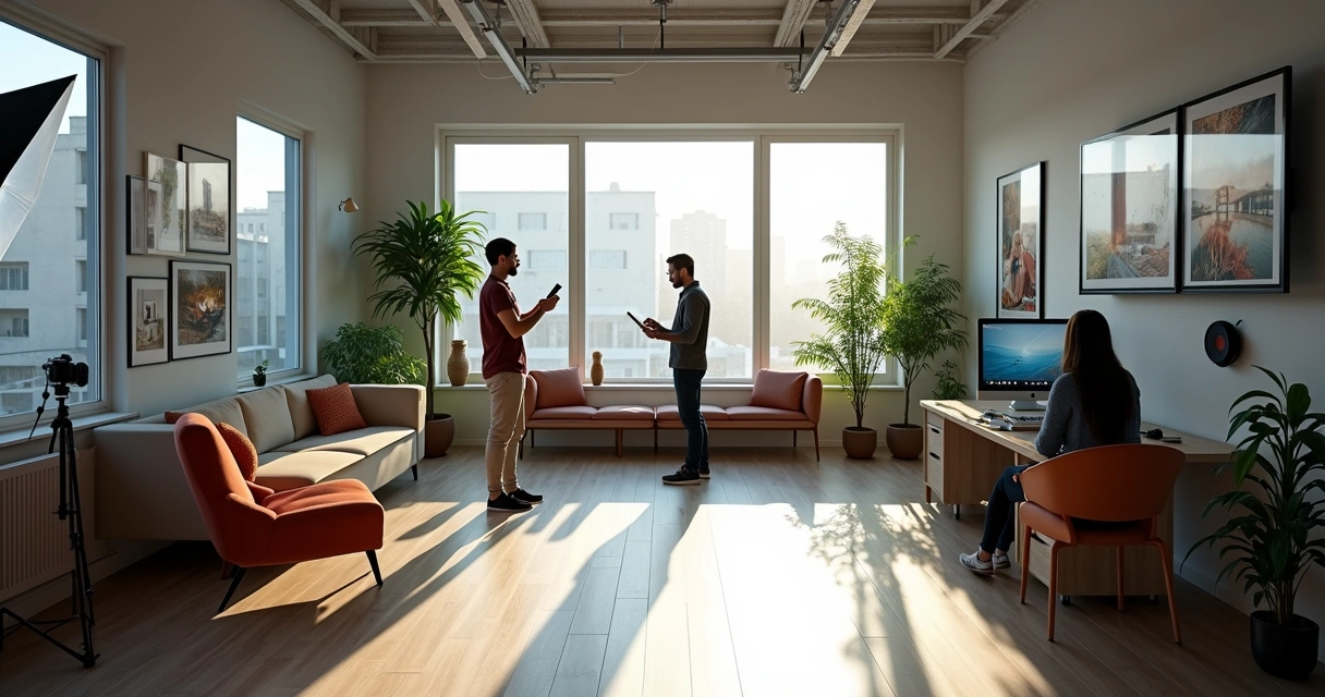 Estúdio de fotografia moderno com equipamentos digitais e área de atendimento online 