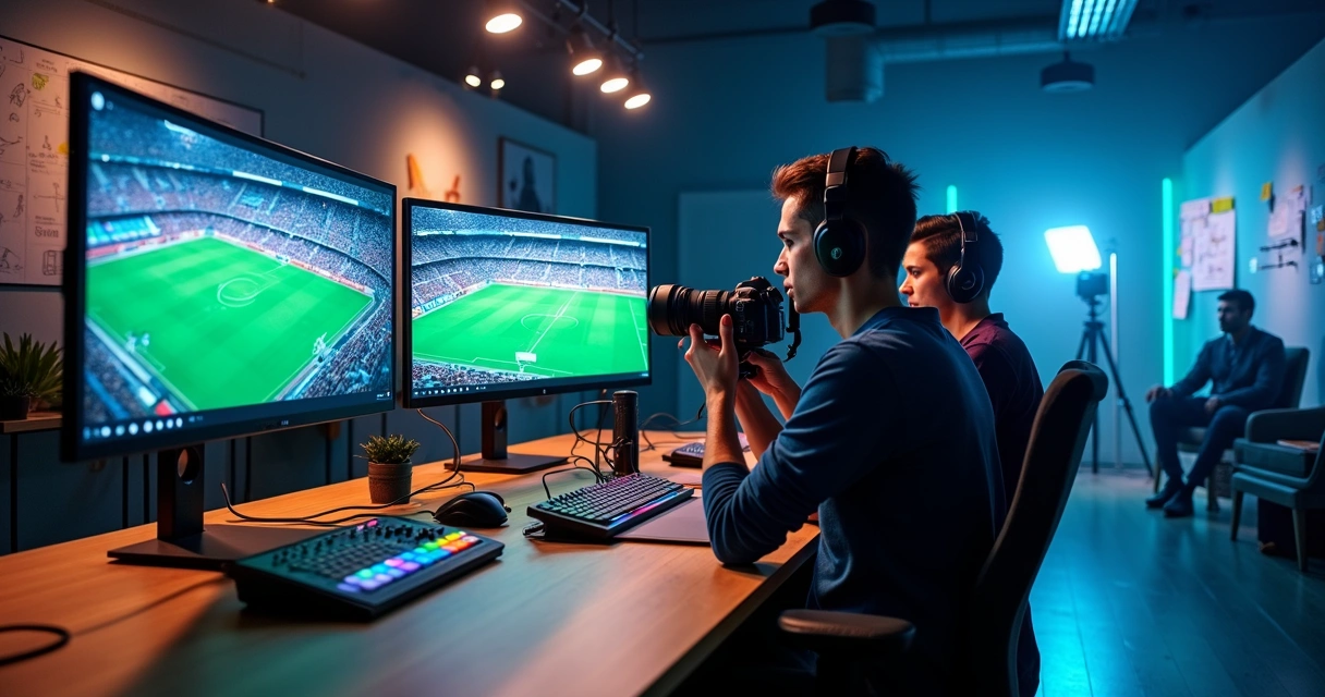 Equipe de media house esportiva editando vídeos em estúdio moderno 