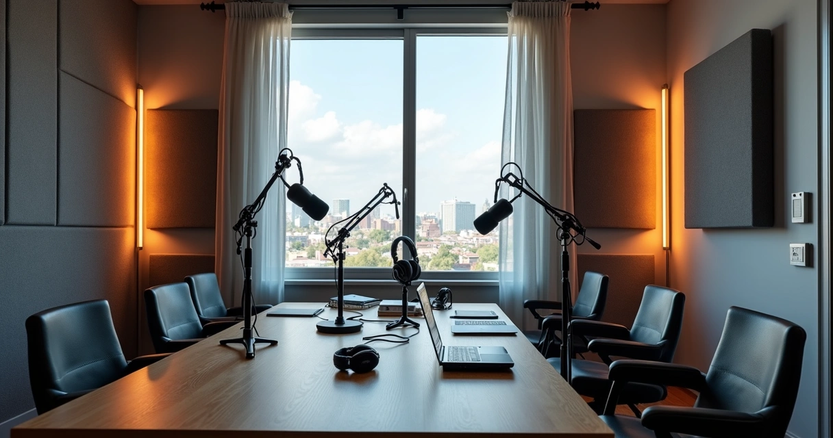 Mesa com microfones, computador e painel acústico em sala de coworking 