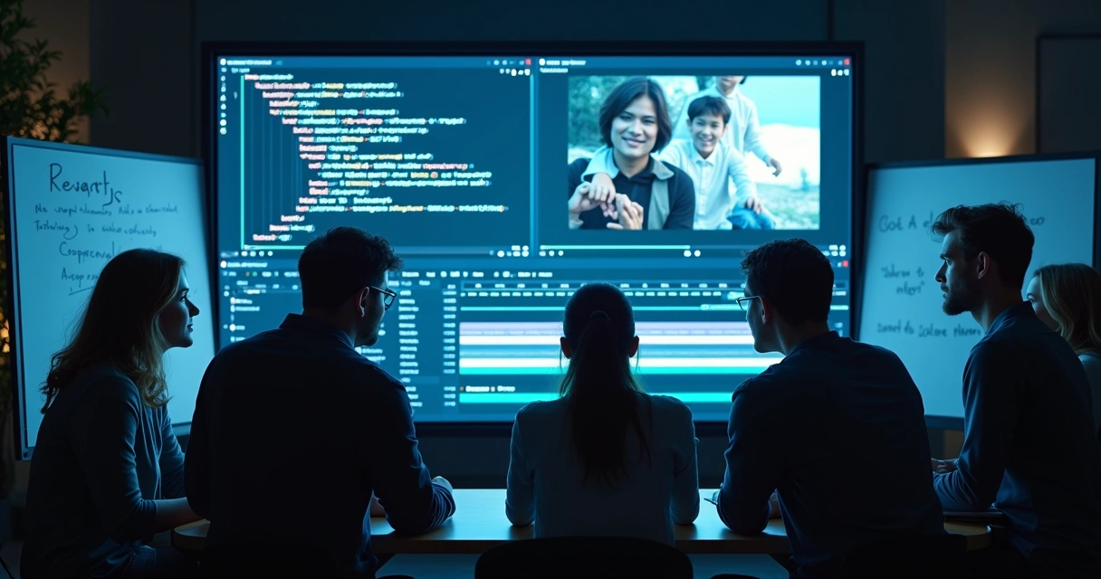 Grupo de pessoas analisando roteiro de vídeo animado em uma tela grande 