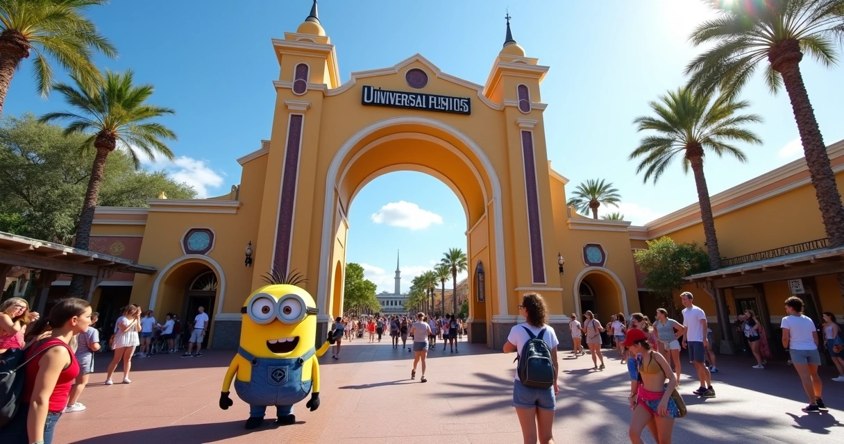 Entrada do Universal Studios Florida com personagens e visitantes 