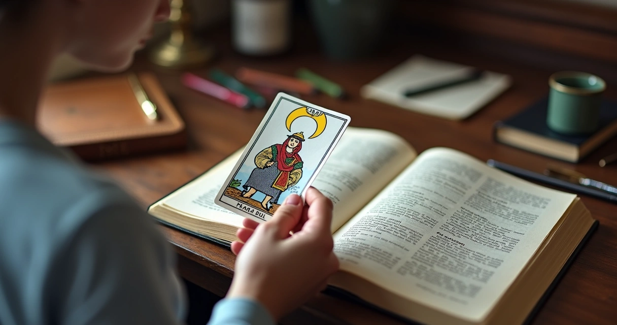 Person studying tarot book and cards 
