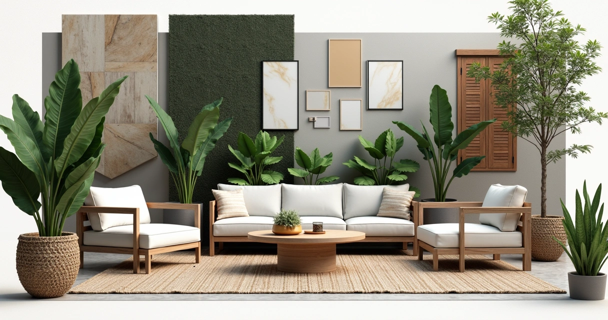 Moodboard with outdoor furniture, texture samples, and plant images
