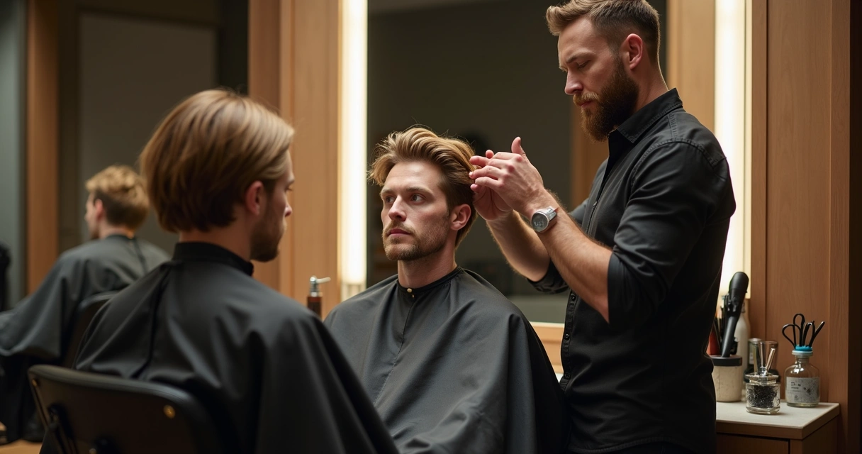 Stylist consulting with client during a haircut in a modern salon 